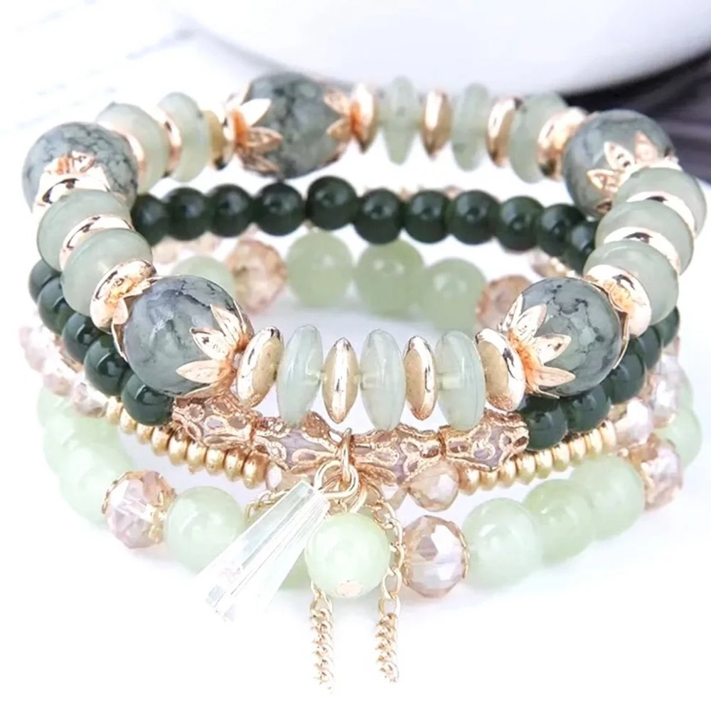 Green Beaded 4 Piece Stretch Stack Bracelet Set - Picture 2 of 2